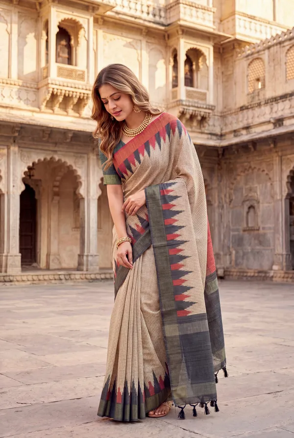 Soft_Tussar_Silk_sarees_with_Beautiful_Digital_Print_With_Attractive_Checks_Design_Saree_And_Digital_Print_Blouse_With_Tassels