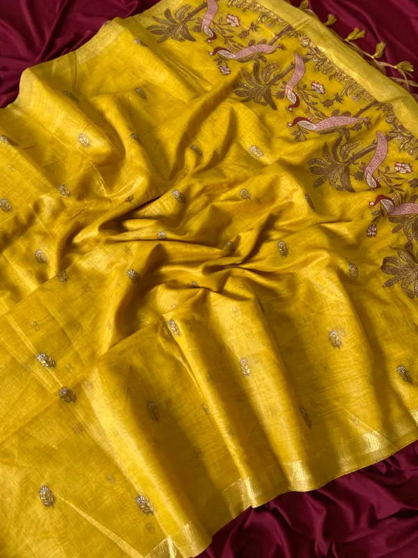 Premium_Soft_Muga_Cotton_sarees_with_Beautiful_Colourfull_Resham_Weaving__Peacock_Design_Pallu_With_Attractive_Traditional_Zari_Weaving__With_All_Over__Resham_Weaving__And_Resham_Weaving_Butti_Blouse_With_Fancy_Tassels