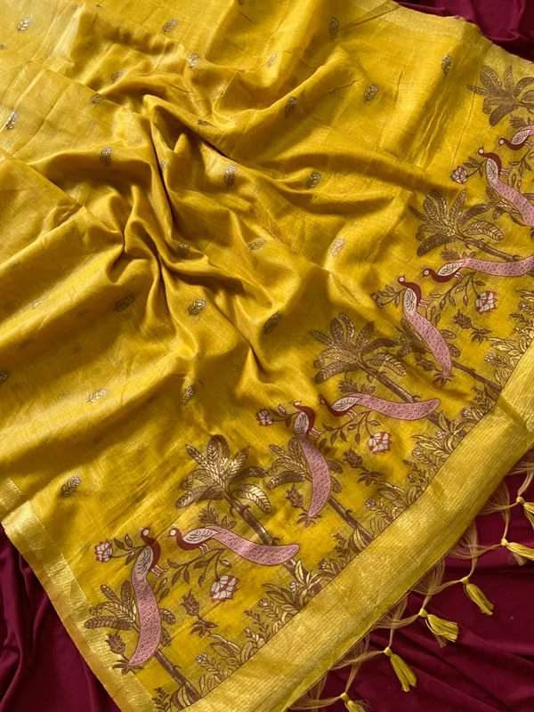 Premium_Soft_Muga_Cotton_sarees_with_Beautiful_Colourfull_Resham_Weaving__Peacock_Design_Pallu_With_Attractive_Traditional_Zari_Weaving__With_All_Over__Resham_Weaving__And_Resham_Weaving_Butti_Blouse_With_Fancy_Tassels