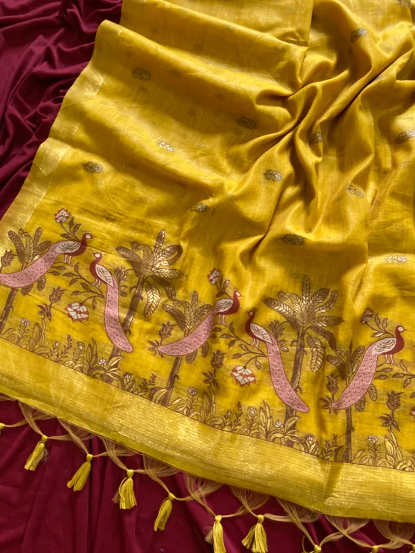 Premium_Soft_Muga_Cotton_sarees_with_Beautiful_Colourfull_Resham_Weaving__Peacock_Design_Pallu_With_Attractive_Traditional_Zari_Weaving__With_All_Over__Resham_Weaving__And_Resham_Weaving_Butti_Blouse_With_Fancy_Tassels