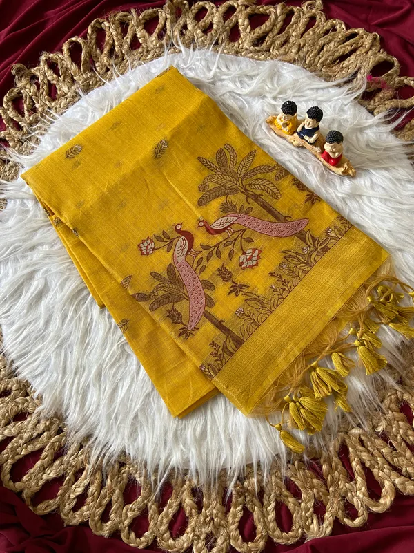 Premium_Soft_Muga_Cotton_sarees_with_Beautiful_Colourfull_Resham_Weaving__Peacock_Design_Pallu_With_Attractive_Traditional_Zari_Weaving__With_All_Over__Resham_Weaving__And_Resham_Weaving_Butti_Blouse_With_Fancy_Tassels