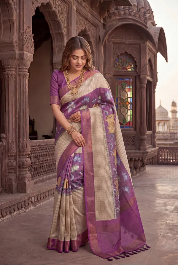Soft_Tussar_Silk_sarees_with_Beautiful_Digital_Print_With_Attractive_Checks_Design_Saree_And_Digital_Print_Blouse_With_Tassels