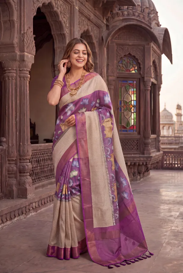 Soft_Tussar_Silk_sarees_with_Beautiful_Digital_Print_With_Attractive_Checks_Design_Saree_And_Digital_Print_Blouse_With_Tassels