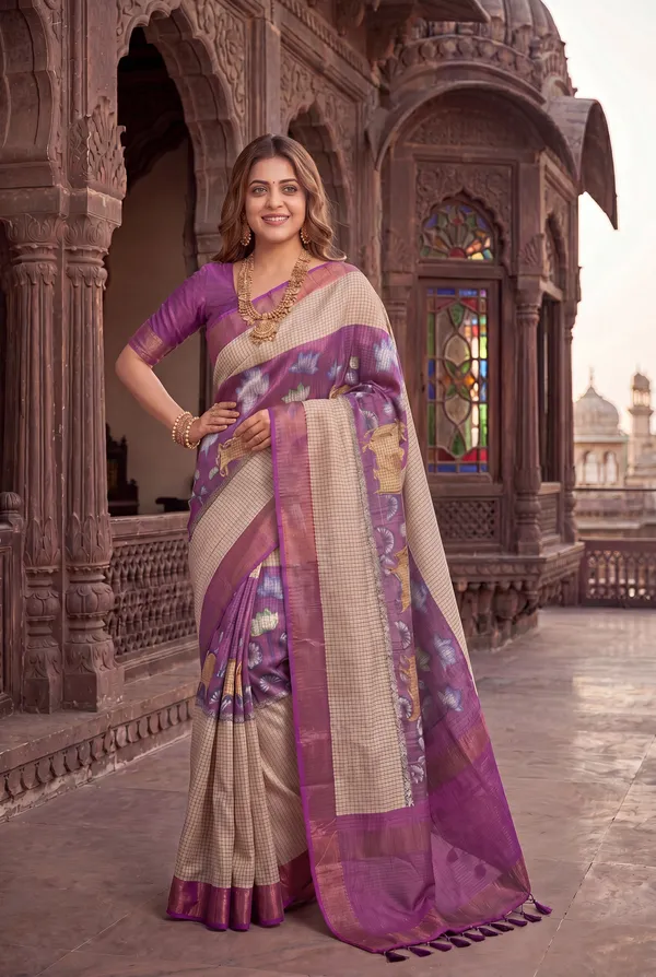 Soft_Tussar_Silk_sarees_with_Beautiful_Digital_Print_With_Attractive_Checks_Design_Saree_And_Digital_Print_Blouse_With_Tassels
