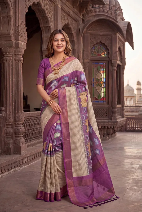 Soft_Tussar_Silk_sarees_with_Beautiful_Digital_Print_With_Attractive_Checks_Design_Saree_And_Digital_Print_Blouse_With_Tassels