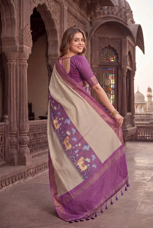 Soft_Tussar_Silk_sarees_with_Beautiful_Digital_Print_With_Attractive_Checks_Design_Saree_And_Digital_Print_Blouse_With_Tassels