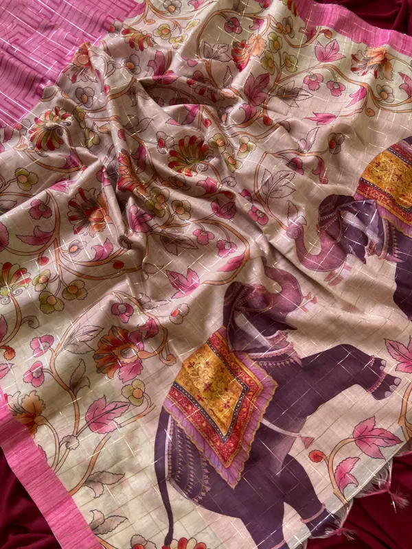 Soft_Semi_Tussar_Silk_sarees_with_Beautiful_Digital_Print_With_Attractive_Border_And_Contrast_Print_Blouse_With_Tassels