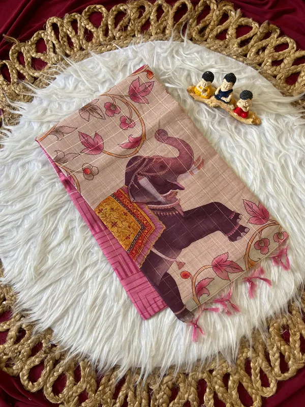 Soft_Semi_Tussar_Silk_sarees_with_Beautiful_Digital_Print_With_Attractive_Border_And_Contrast_Print_Blouse_With_Tassels