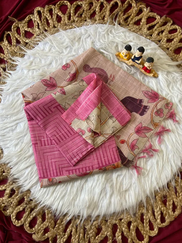 Soft_Semi_Tussar_Silk_sarees_with_Beautiful_Digital_Print_With_Attractive_Border_And_Contrast_Print_Blouse_With_Tassels