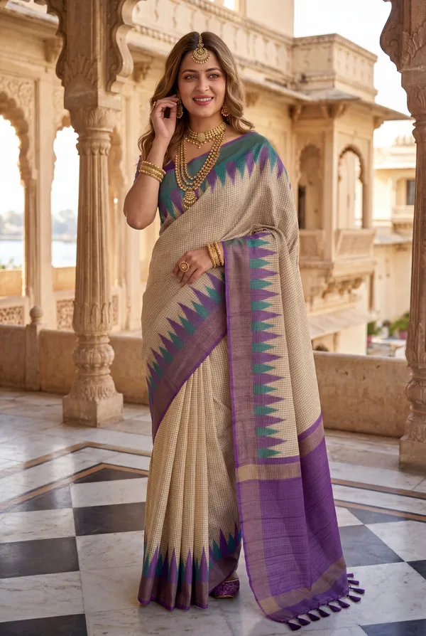 Soft_Tussar_Silk_sarees_with_Beautiful_Digital_Print_With_Attractive_Checks_Design_Saree_And_Digital_Print_Blouse_With_Tassels