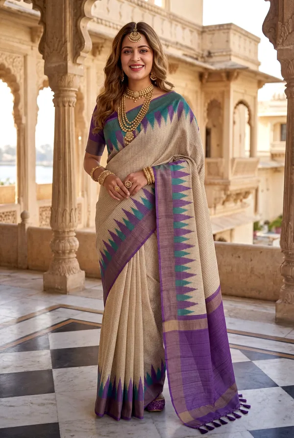 Soft_Tussar_Silk_sarees_with_Beautiful_Digital_Print_With_Attractive_Checks_Design_Saree_And_Digital_Print_Blouse_With_Tassels