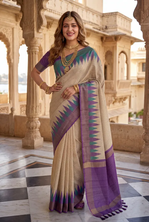 Soft_Tussar_Silk_sarees_with_Beautiful_Digital_Print_With_Attractive_Checks_Design_Saree_And_Digital_Print_Blouse_With_Tassels