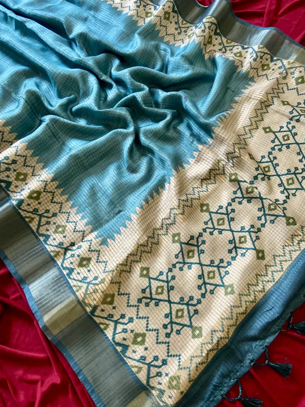 Soft_Tussar_Silk_sarees_with_Beautiful_Digital_Print_With_Attractive_Checks_Design_Saree_And_Digital_Print_Blouse_With_Tassels