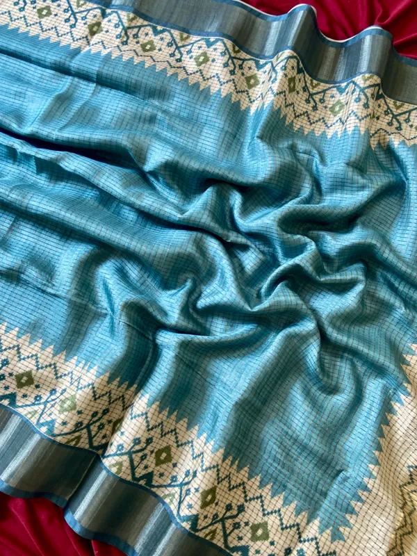 Soft_Tussar_Silk_sarees_with_Beautiful_Digital_Print_With_Attractive_Checks_Design_Saree_And_Digital_Print_Blouse_With_Tassels
