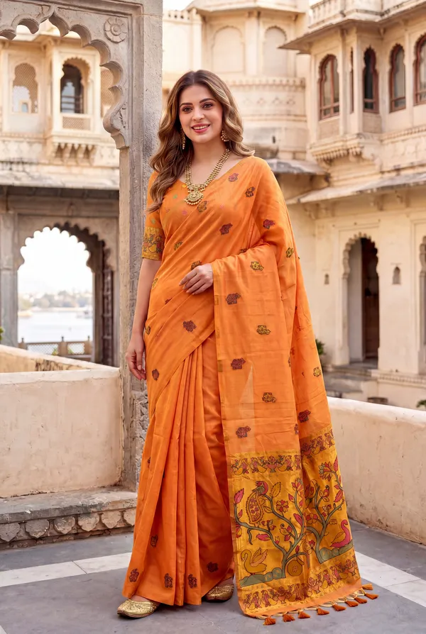 Premium_Soft_Muga_Cotton_Paithani_sarees_with_Beautiful_Weaving_Design_Featuring_Jungle_Theme_And_Swan_Motifs_Pallu_With_Attractive_All_Over_Resham_Weaving_Butti_Design_And_Resham_Weaving_Butti_Blouse_With_Fancy_Tassels