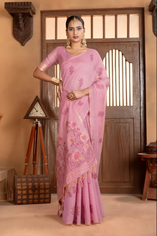Premium_Soft_Muga_Cotton_sarees_with_Beautiful_?Colourfull_Resham_Weaving__Flower_Design_Pallu_With_Attractive_Traditional_Zari_Weaving__With_All_Over__Resham_Weaving__And_Resham_Weaving_Butti_Blouse_With_Fancy_Tassels