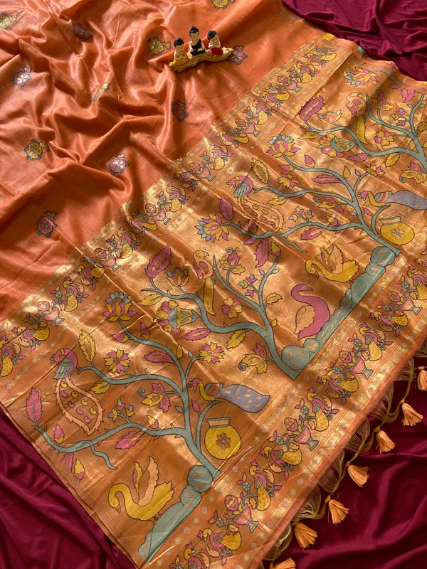 Premium_Soft_Muga_Cotton_Paithani_sarees_with_Beautiful_Weaving_Design_Featuring_Jungle_Theme_And_Swan_Motifs_Pallu_With_Attractive_All_Over_Resham_Weaving_Butti_Design_And_Resham_Weaving_Butti_Blouse_With_Fancy_Tassels