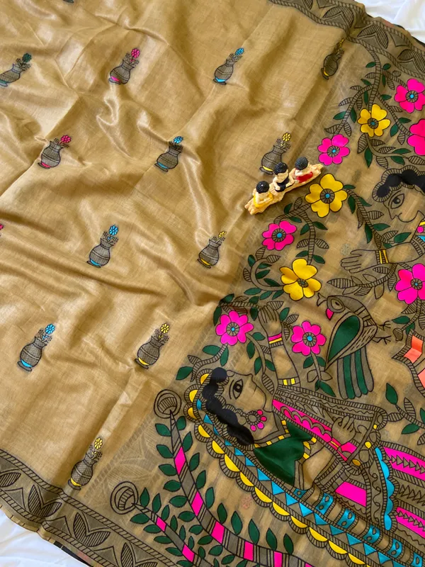 Premium_Soft_Muga_Cotton_sarees_with_Beautiful_?Colourfull_Resham_Weaving_Kalamkari_Design_Pallu_With_Attractive_All_Over_Resham_Weaving_Matka_Design_With_Resham_Weaving_Border_And_Resham_Weaving_Butti_Design_Blouse_With_Fancy_Tassels