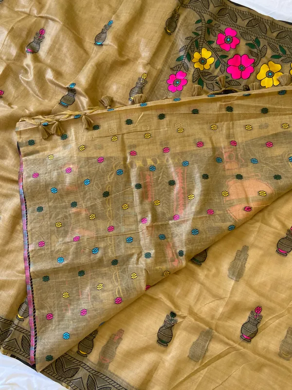 Premium_Soft_Muga_Cotton_sarees_with_Beautiful_?Colourfull_Resham_Weaving_Kalamkari_Design_Pallu_With_Attractive_All_Over_Resham_Weaving_Matka_Design_With_Resham_Weaving_Border_And_Resham_Weaving_Butti_Design_Blouse_With_Fancy_Tassels