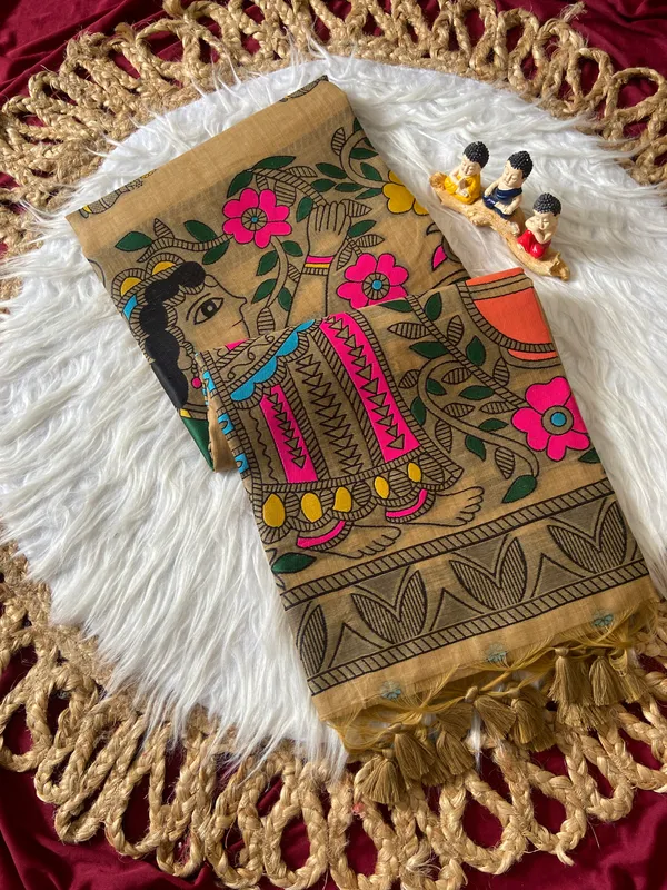Premium_Soft_Muga_Cotton_sarees_with_Beautiful_?Colourfull_Resham_Weaving_Kalamkari_Design_Pallu_With_Attractive_All_Over_Resham_Weaving_Matka_Design_With_Resham_Weaving_Border_And_Resham_Weaving_Butti_Design_Blouse_With_Fancy_Tassels