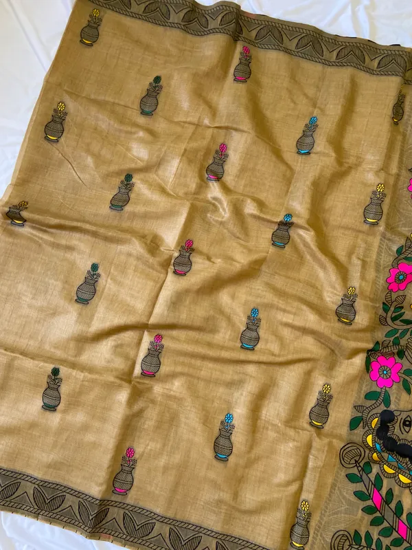 Premium_Soft_Muga_Cotton_sarees_with_Beautiful_?Colourfull_Resham_Weaving_Kalamkari_Design_Pallu_With_Attractive_All_Over_Resham_Weaving_Matka_Design_With_Resham_Weaving_Border_And_Resham_Weaving_Butti_Design_Blouse_With_Fancy_Tassels
