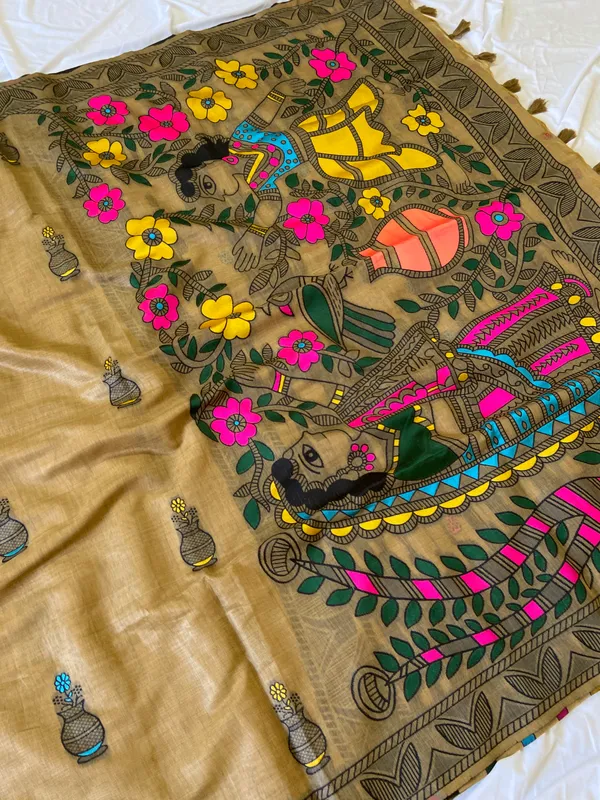 Premium_Soft_Muga_Cotton_sarees_with_Beautiful_?Colourfull_Resham_Weaving_Kalamkari_Design_Pallu_With_Attractive_All_Over_Resham_Weaving_Matka_Design_With_Resham_Weaving_Border_And_Resham_Weaving_Butti_Design_Blouse_With_Fancy_Tassels