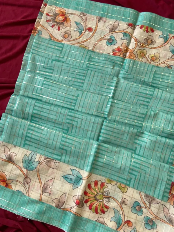 Soft_Semi_Tussar_Silk_sarees_with_Beautiful_Digital_Print_With_Attractive_Border_And_Contrast_Print_Blouse_With_Tassels