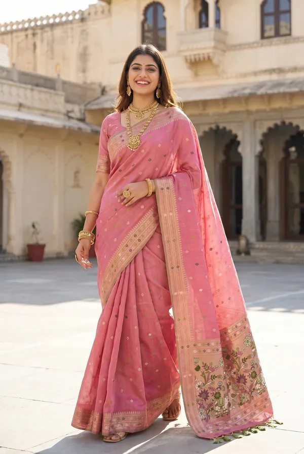 Premium_Soft_Muga_Cotton_Paithani_sarees_with_Beautiful_colourfull_3D_Woven_Elephant_Design_Pallu_With_Attractive_All_Over_Resham_Weaving_Butti_Design_With_Zari_Weaving_Border_And_Resham_Weaving_Butti_Blouse_With_Fancy_Tassels