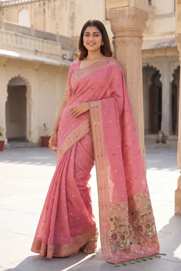Premium_Soft_Muga_Cotton_Paithani_sarees_with_Beautiful_colourfull_3D_Woven_Elephant_Design_Pallu_With_Attractive_All_Over_Resham_Weaving_Butti_Design_With_Zari_Weaving_Border_And_Resham_Weaving_Butti_Blouse_With_Fancy_Tassels