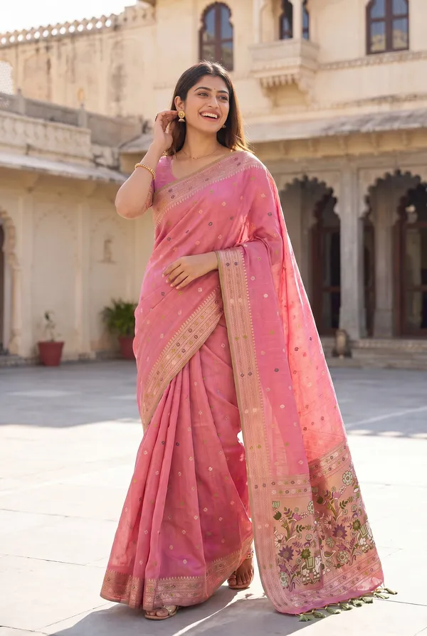 Premium_Soft_Muga_Cotton_Paithani_sarees_with_Beautiful_colourfull_3D_Woven_Elephant_Design_Pallu_With_Attractive_All_Over_Resham_Weaving_Butti_Design_With_Zari_Weaving_Border_And_Resham_Weaving_Butti_Blouse_With_Fancy_Tassels