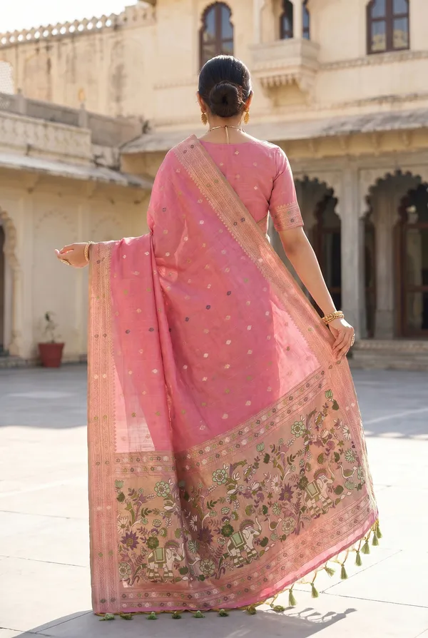 Premium_Soft_Muga_Cotton_Paithani_sarees_with_Beautiful_colourfull_3D_Woven_Elephant_Design_Pallu_With_Attractive_All_Over_Resham_Weaving_Butti_Design_With_Zari_Weaving_Border_And_Resham_Weaving_Butti_Blouse_With_Fancy_Tassels