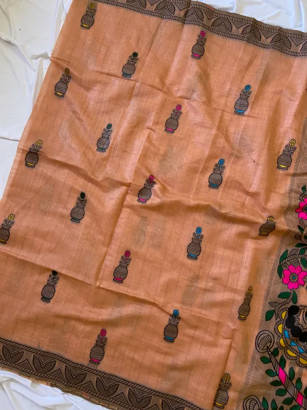 Premium_Soft_Muga_Cotton_sarees_with_Beautiful_?Colourfull_Resham_Weaving_Kalamkari_Design_Pallu_With_Attractive_All_Over_Resham_Weaving_Matka_Design_With_Resham_Weaving_Border_And_Resham_Weaving_Butti_Design_Blouse_With_Fancy_Tassels