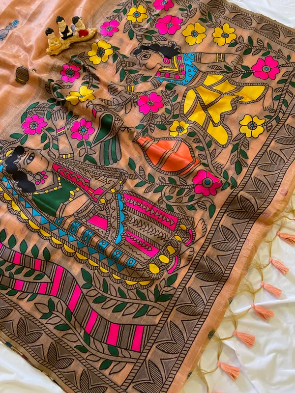 Premium_Soft_Muga_Cotton_sarees_with_Beautiful_?Colourfull_Resham_Weaving_Kalamkari_Design_Pallu_With_Attractive_All_Over_Resham_Weaving_Matka_Design_With_Resham_Weaving_Border_And_Resham_Weaving_Butti_Design_Blouse_With_Fancy_Tassels