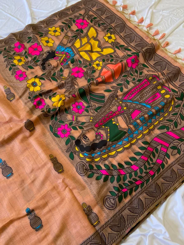 Premium_Soft_Muga_Cotton_sarees_with_Beautiful_?Colourfull_Resham_Weaving_Kalamkari_Design_Pallu_With_Attractive_All_Over_Resham_Weaving_Matka_Design_With_Resham_Weaving_Border_And_Resham_Weaving_Butti_Design_Blouse_With_Fancy_Tassels