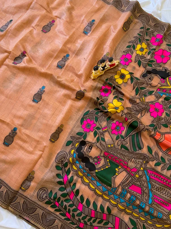 Premium_Soft_Muga_Cotton_sarees_with_Beautiful_?Colourfull_Resham_Weaving_Kalamkari_Design_Pallu_With_Attractive_All_Over_Resham_Weaving_Matka_Design_With_Resham_Weaving_Border_And_Resham_Weaving_Butti_Design_Blouse_With_Fancy_Tassels