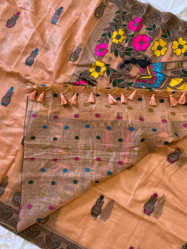 Premium_Soft_Muga_Cotton_sarees_with_Beautiful_?Colourfull_Resham_Weaving_Kalamkari_Design_Pallu_With_Attractive_All_Over_Resham_Weaving_Matka_Design_With_Resham_Weaving_Border_And_Resham_Weaving_Butti_Design_Blouse_With_Fancy_Tassels