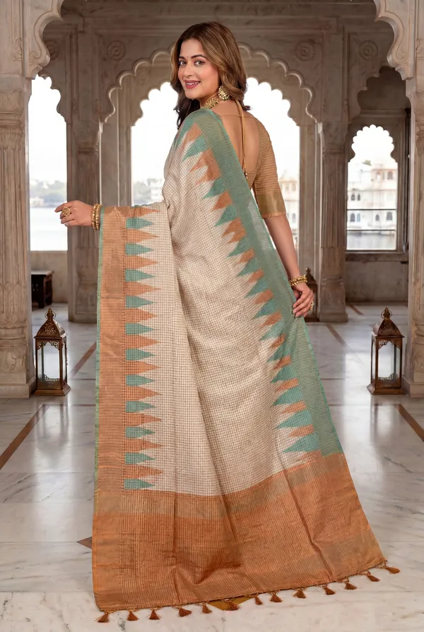 Soft_Tussar_Silk_sarees_with_Beautiful_Digital_Print_With_Attractive_Checks_Design_Saree_And_Digital_Print_Blouse_With_Tassels