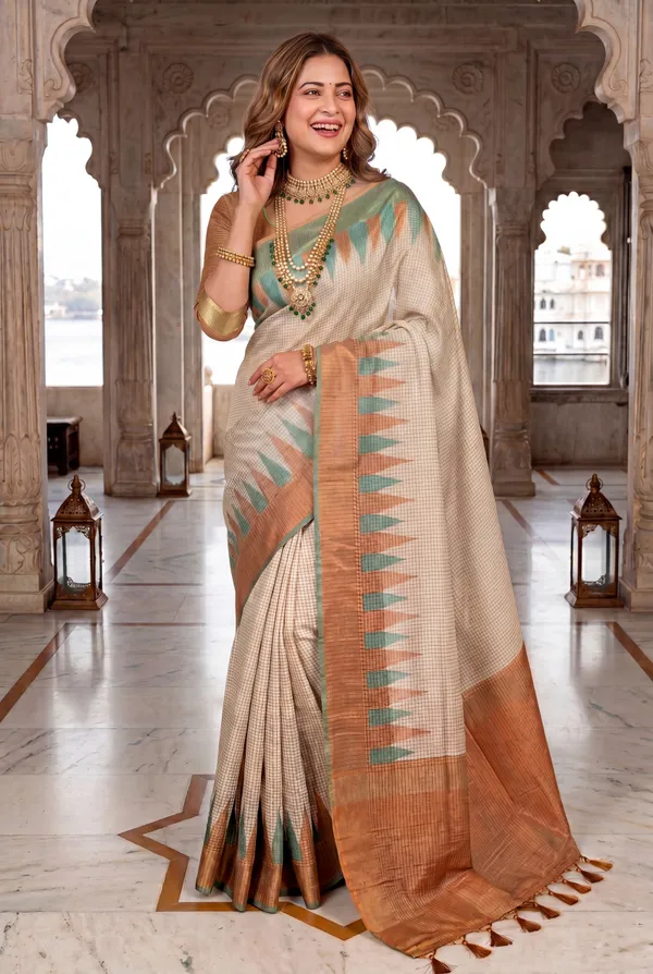 Soft_Tussar_Silk_sarees_with_Beautiful_Digital_Print_With_Attractive_Checks_Design_Saree_And_Digital_Print_Blouse_With_Tassels