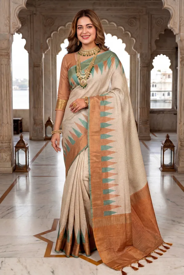 Soft_Tussar_Silk_sarees_with_Beautiful_Digital_Print_With_Attractive_Checks_Design_Saree_And_Digital_Print_Blouse_With_Tassels