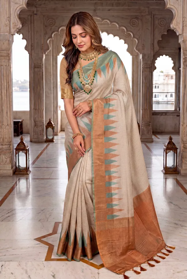 Soft_Tussar_Silk_sarees_with_Beautiful_Digital_Print_With_Attractive_Checks_Design_Saree_And_Digital_Print_Blouse_With_Tassels
