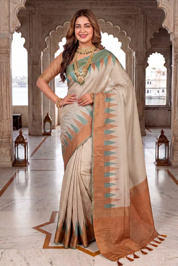 Soft_Tussar_Silk_sarees_with_Beautiful_Digital_Print_With_Attractive_Checks_Design_Saree_And_Digital_Print_Blouse_With_Tassels