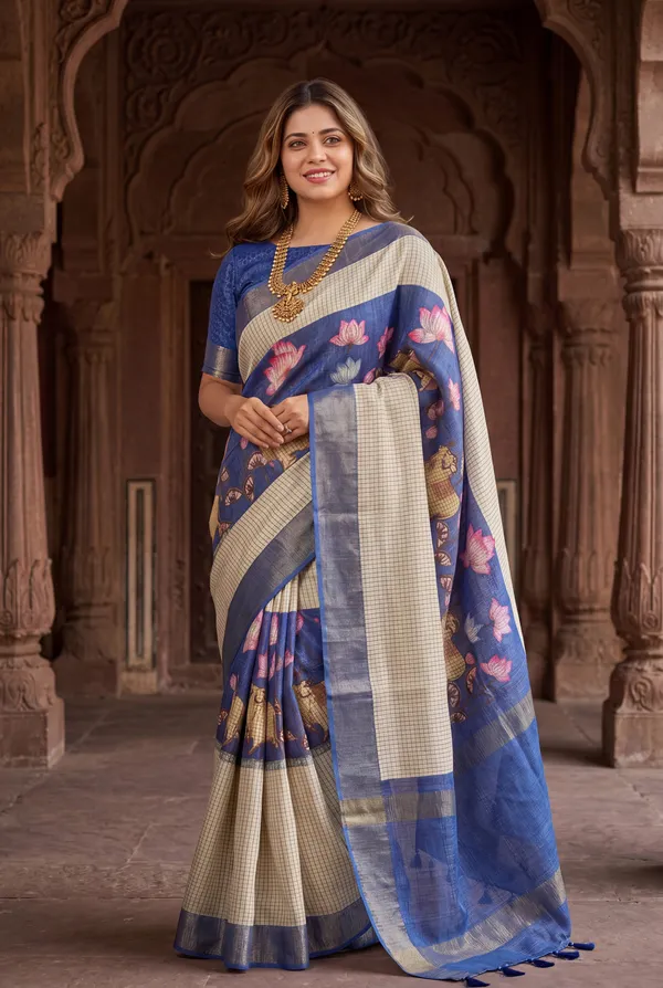 Soft_Tussar_Silk_sarees_with_Beautiful_Digital_Print_With_Attractive_Checks_Design_Saree_And_Digital_Print_Blouse_With_Tassels