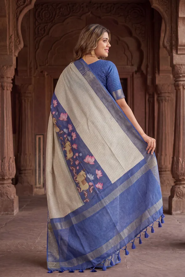 Soft_Tussar_Silk_sarees_with_Beautiful_Digital_Print_With_Attractive_Checks_Design_Saree_And_Digital_Print_Blouse_With_Tassels