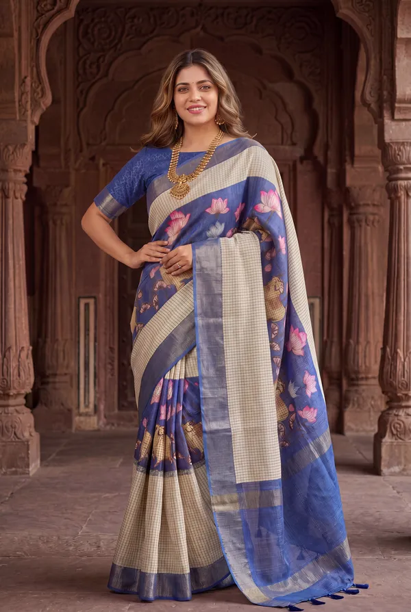 Soft_Tussar_Silk_sarees_with_Beautiful_Digital_Print_With_Attractive_Checks_Design_Saree_And_Digital_Print_Blouse_With_Tassels