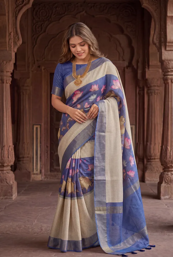 Soft_Tussar_Silk_sarees_with_Beautiful_Digital_Print_With_Attractive_Checks_Design_Saree_And_Digital_Print_Blouse_With_Tassels