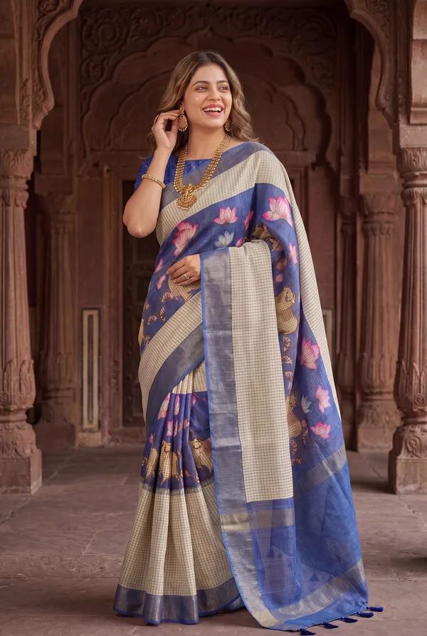 Soft_Tussar_Silk_sarees_with_Beautiful_Digital_Print_With_Attractive_Checks_Design_Saree_And_Digital_Print_Blouse_With_Tassels