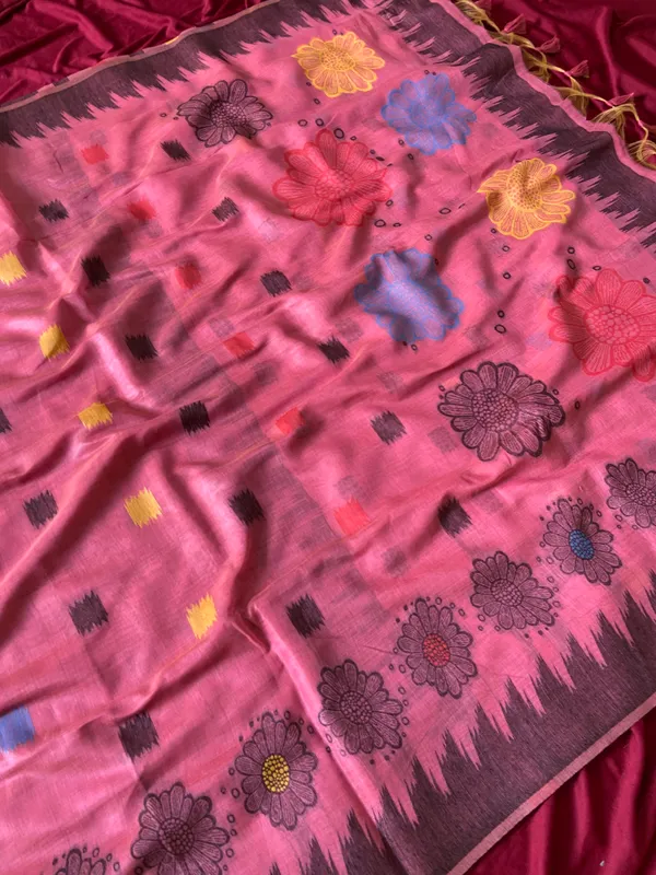 Premium_Soft_Muga_Cotton_sarees_with_Beautiful_Colourfull_3D_Woven_Flower_Design_Pallu_With_Attractive_All_Over_Resham_Weaving_Butti_Design_With_Resham_Weaving_Border_And_Resham_Weaving_Butti_Blouse_With_Fancy_Tassels