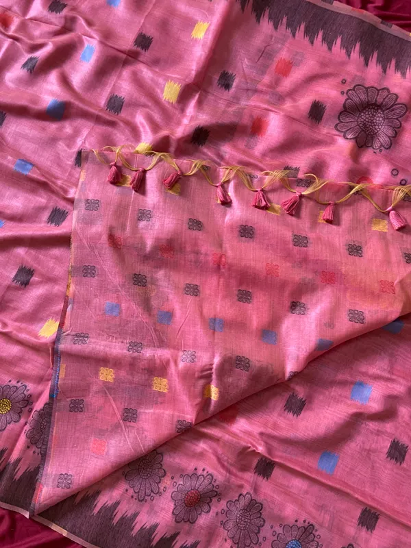 Premium_Soft_Muga_Cotton_sarees_with_Beautiful_Colourfull_3D_Woven_Flower_Design_Pallu_With_Attractive_All_Over_Resham_Weaving_Butti_Design_With_Resham_Weaving_Border_And_Resham_Weaving_Butti_Blouse_With_Fancy_Tassels