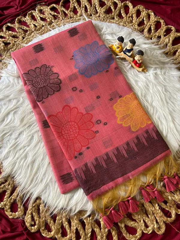 Premium_Soft_Muga_Cotton_sarees_with_Beautiful_Colourfull_3D_Woven_Flower_Design_Pallu_With_Attractive_All_Over_Resham_Weaving_Butti_Design_With_Resham_Weaving_Border_And_Resham_Weaving_Butti_Blouse_With_Fancy_Tassels