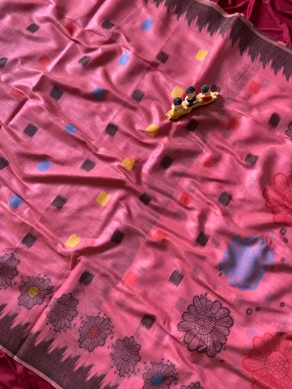 Premium_Soft_Muga_Cotton_sarees_with_Beautiful_Colourfull_3D_Woven_Flower_Design_Pallu_With_Attractive_All_Over_Resham_Weaving_Butti_Design_With_Resham_Weaving_Border_And_Resham_Weaving_Butti_Blouse_With_Fancy_Tassels